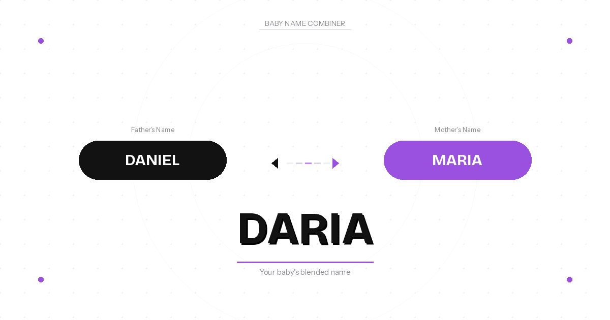 Baby name combiner tool showing two parent names Daniel and Maria blending into the baby name Daria