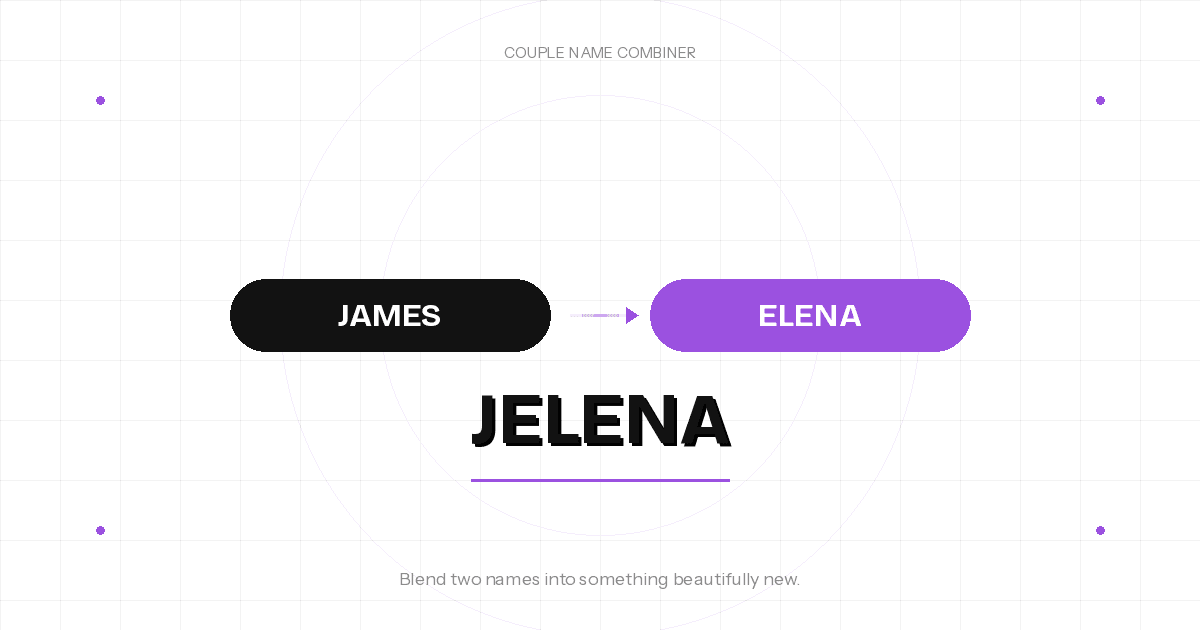 Couple name combiner tool showing two names James and Elena blending into Jelena