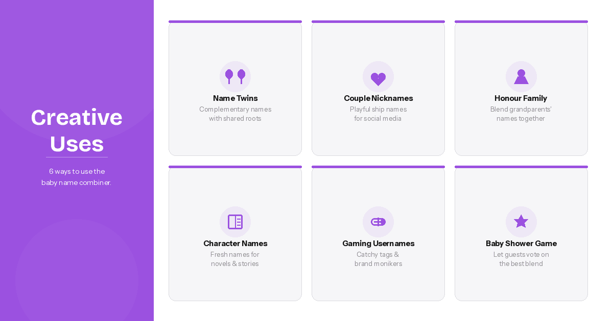 Six creative uses of the baby name combiner including naming twins, couple nicknames, honouring grandparents, character names, gaming usernames, and baby shower games