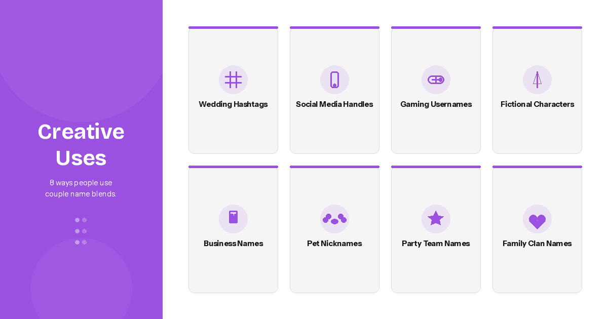 Eight creative uses of the couple name combiner tool including wedding hashtags, social media handles, gaming usernames, and business names