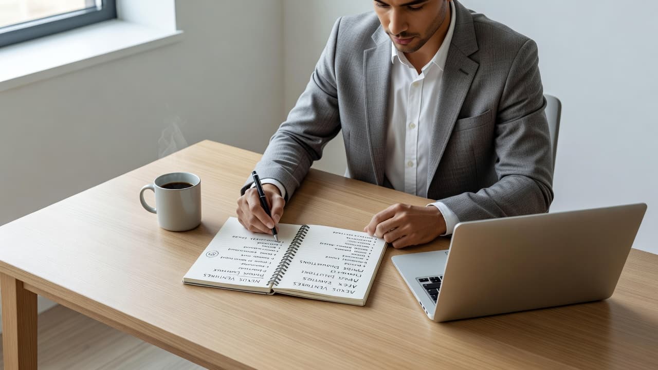 A focused individual holds a pen while reviewing handwritten notes in an open notebook