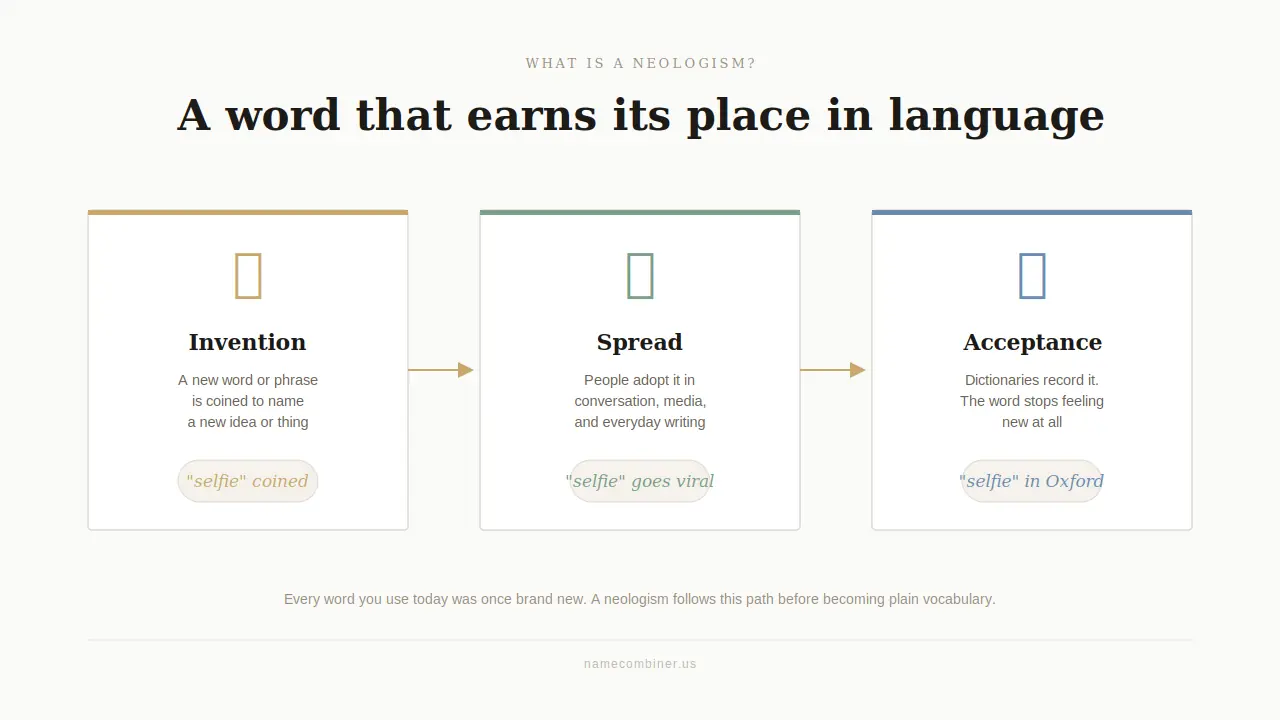 Infographic showing the three stages of a neologism from creation to dictionary